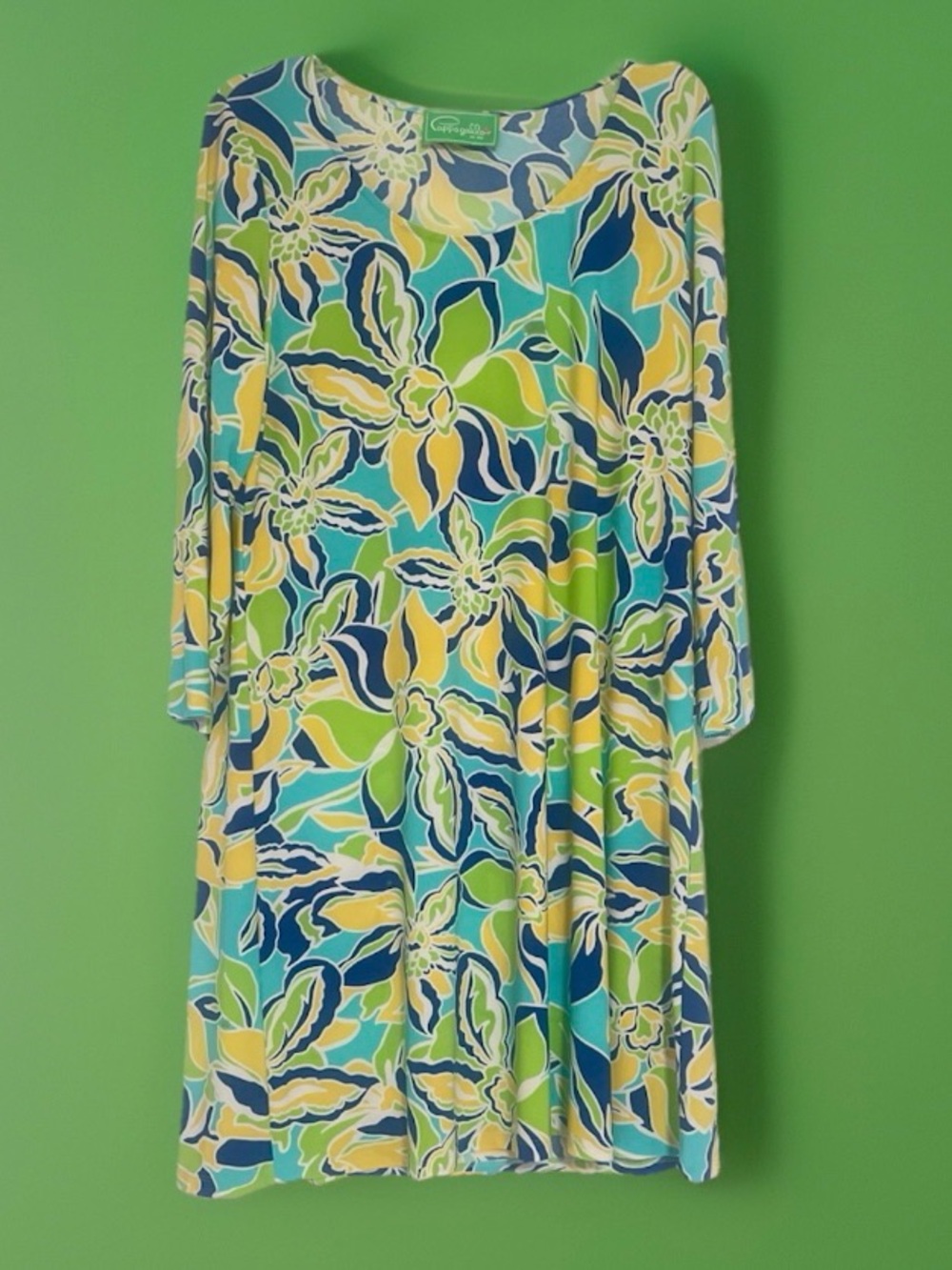 Pappagallo XL Blue Green Tropical Floral Long-Sleeve Swing Dress